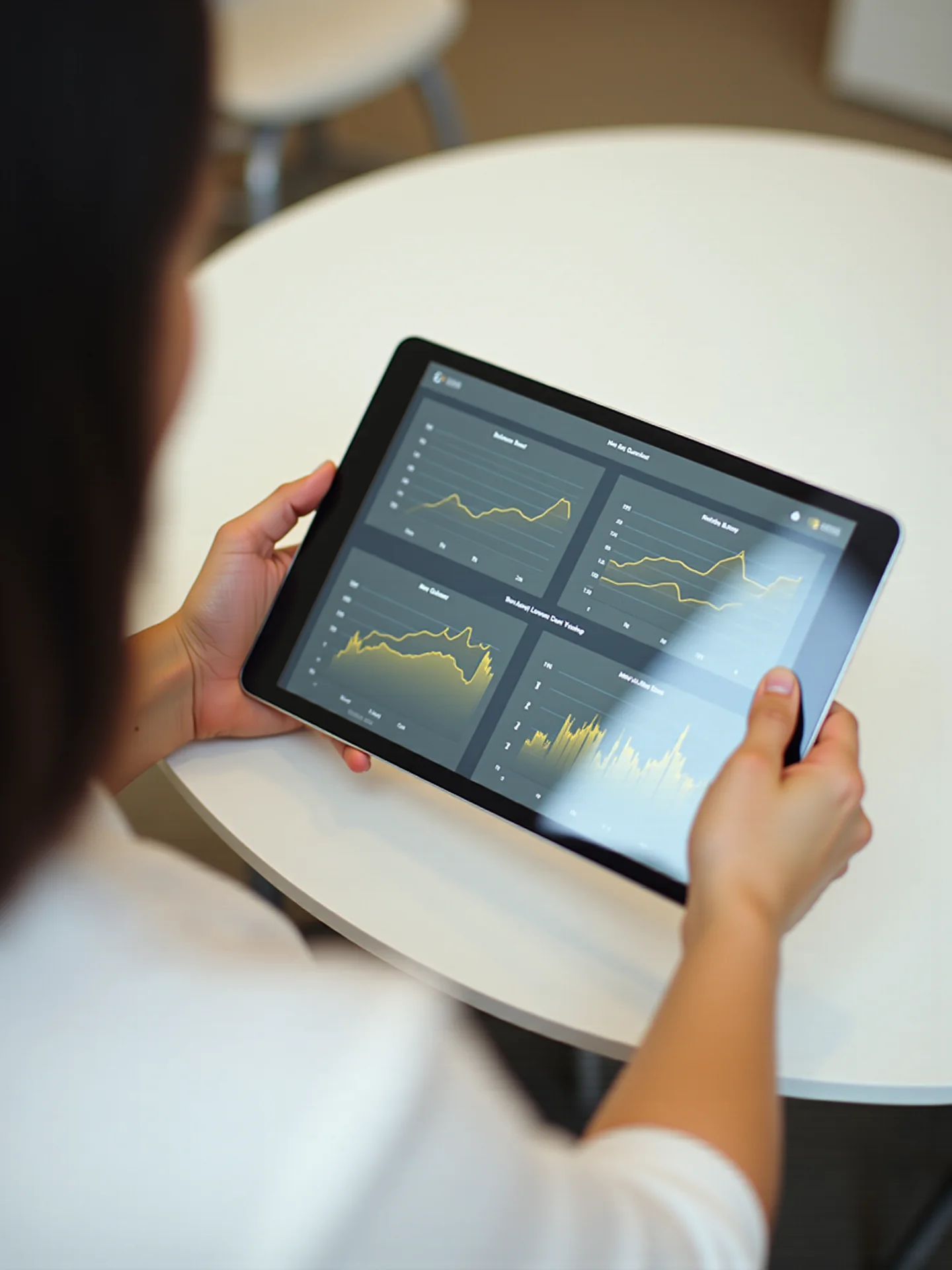 Hands interacting with a CRM analytics dashboard on a tablet showing customer data