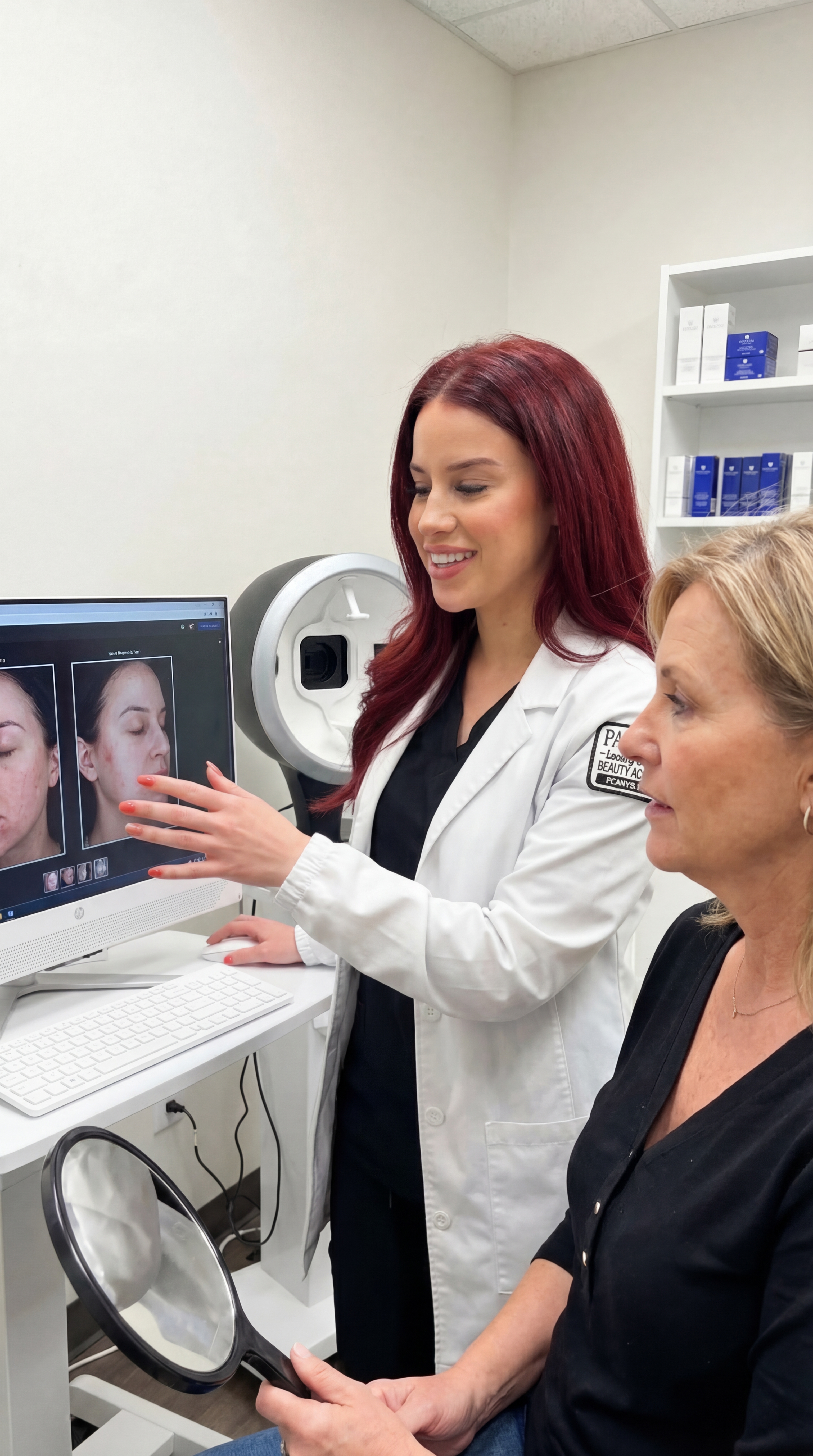 Ancora Body skin analysis consultation — practitioner reviewing results with client using professional imaging technology