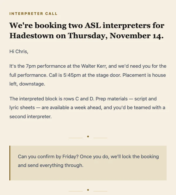 An interpreter-booking email drafted by the Slack email assistant