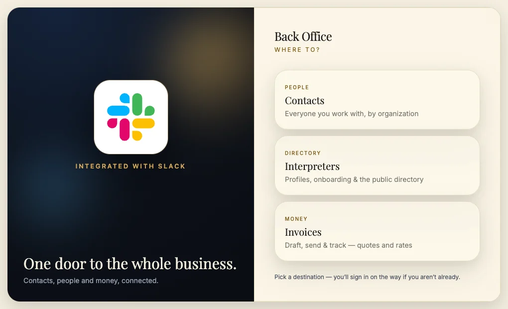 Back-office front door with three choices: Contacts, Interpreters and Invoices