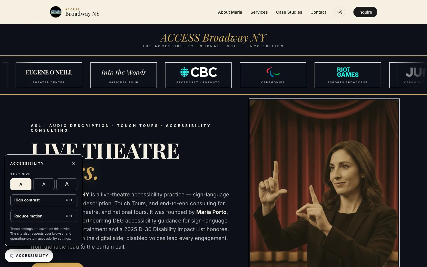 Interpreting agency marketing website with its accessibility panel open