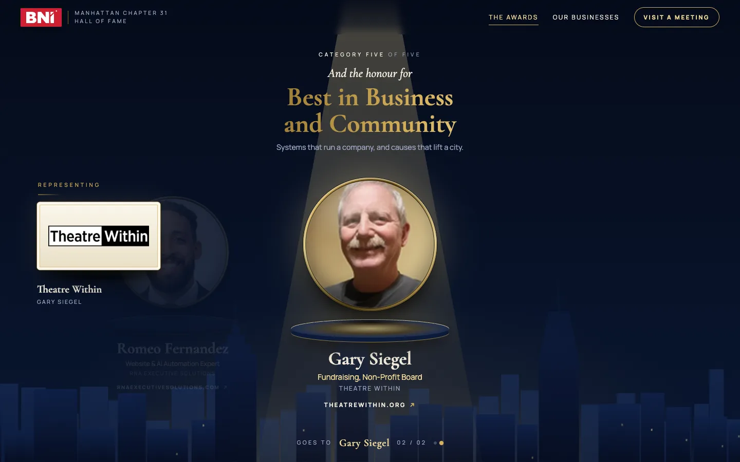 Hall of Fame award spotlight for a chapter member, with a link to their business