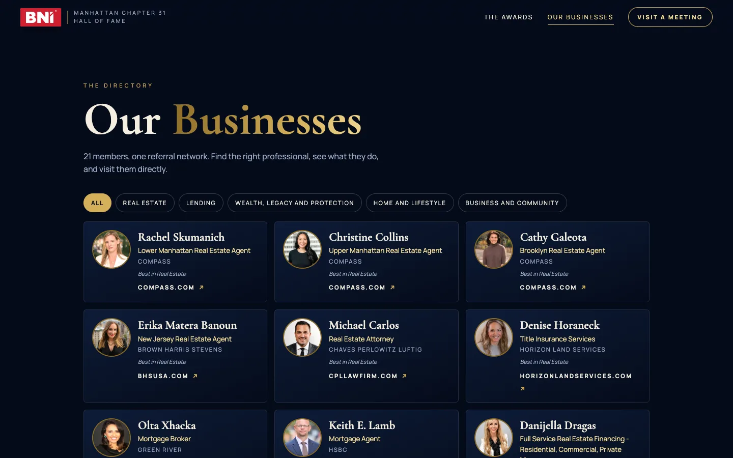 Our Businesses directory: member cards grouped by category, each linking to the member’s business
