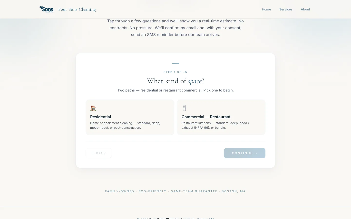 4Sons Cleaning online booking page, step one