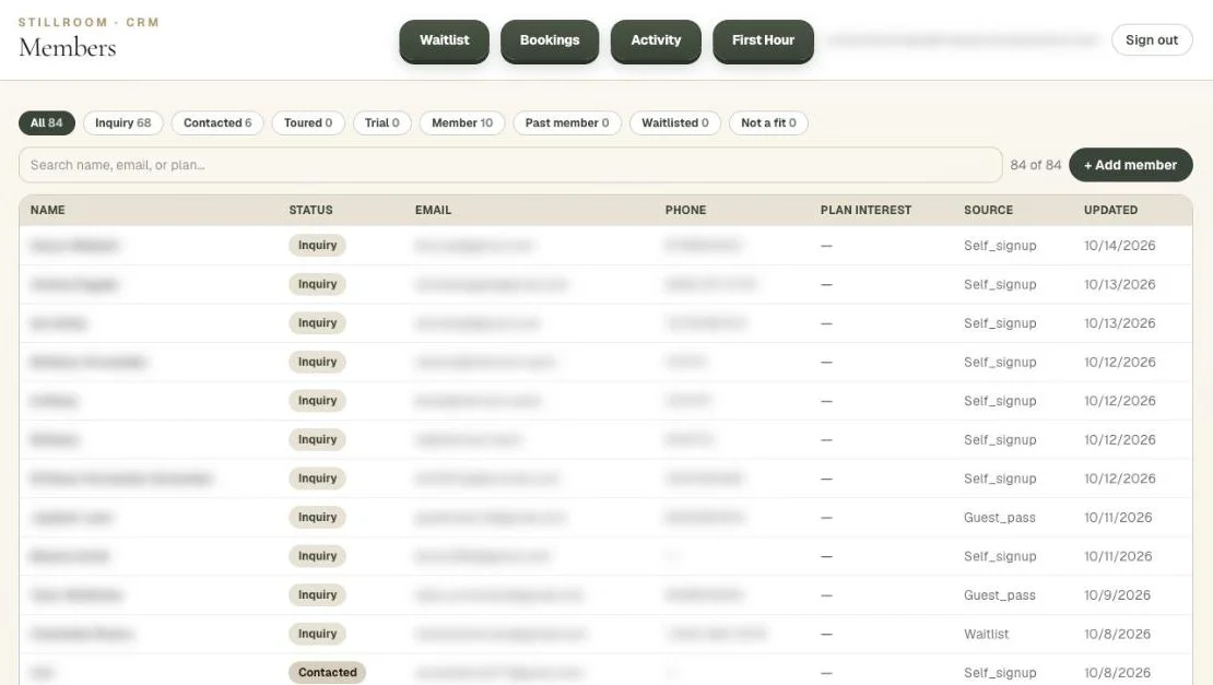 Stillroom CRM member pipeline with personal details blurred